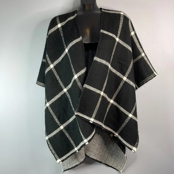 LAUREN RALPH LAUREN Reversable Cape Black Plaid/ Grey Herringbone Prep Classic - Picture 11 of 11